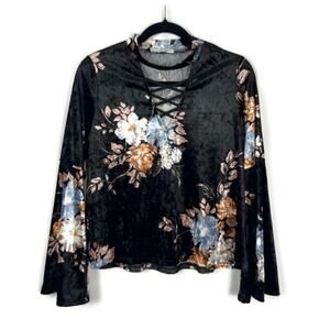Women's Whimsigoth Floral Velvet Choker Neck Bell Sleeve Black Top Size Medium